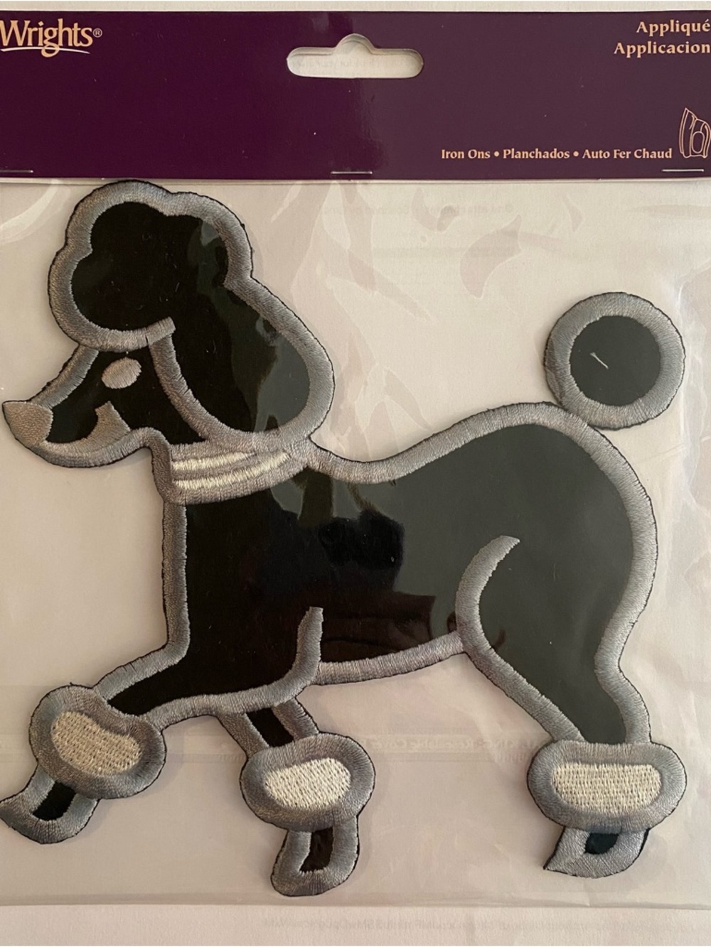 Wrights Black & Gray Poodle Iron-On Patch Appliqué Pet Design 6” x 6.25” NEW